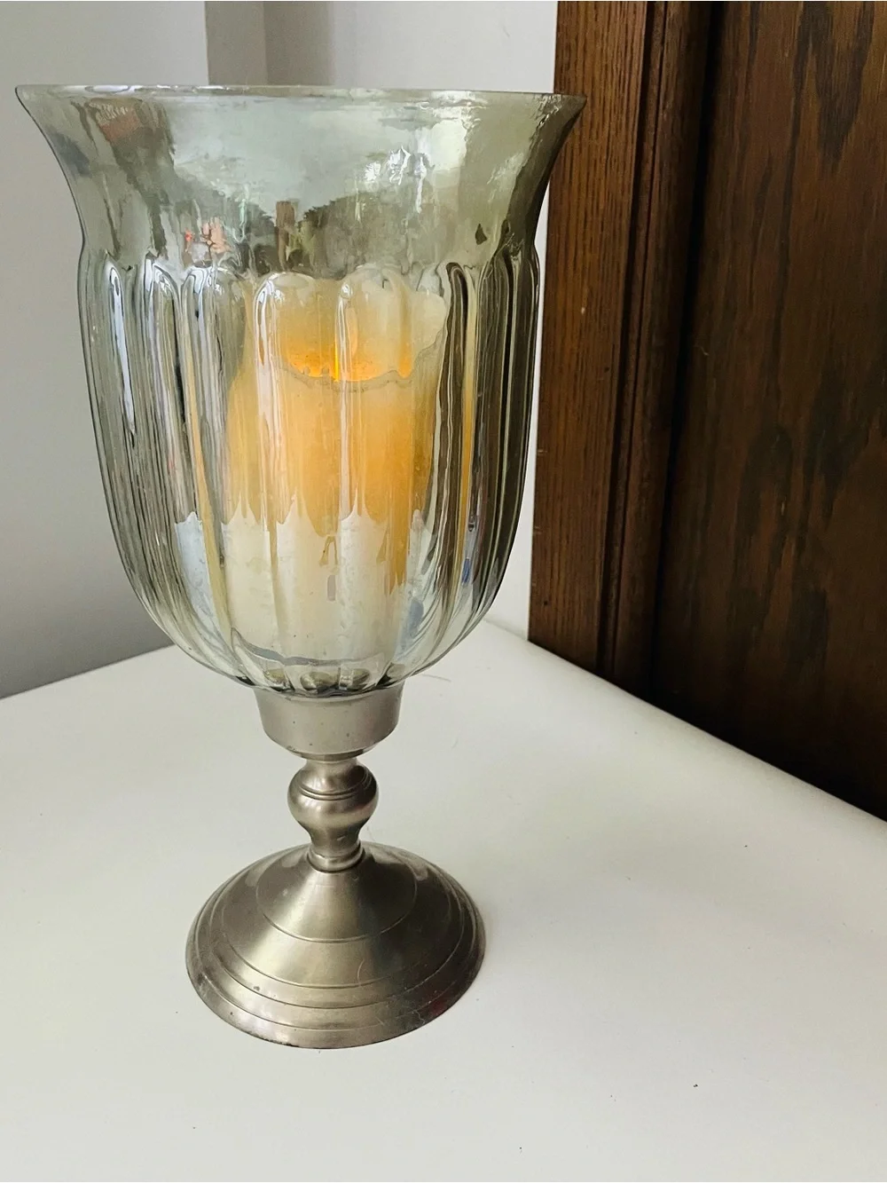Classic Glass Hurricane Candle Holder with Pewter Base - Clear/Silver